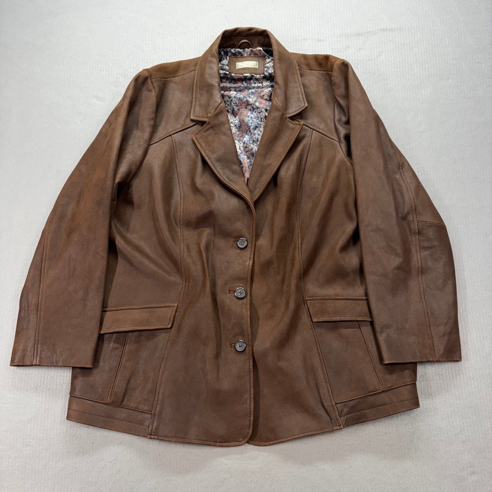 The Territory Ahead Leather Blazer Womens 24W Brown Floral Lined Jacket 320188